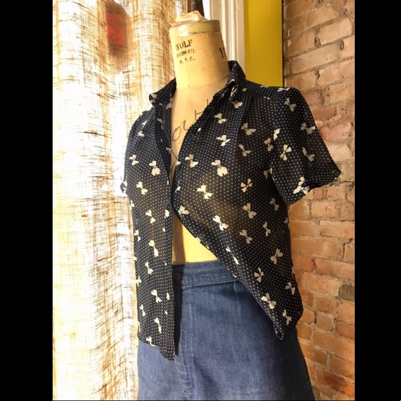 Sheer Navy Button Up Blouse with Bows + Polka Dots - Picture 2 of 8